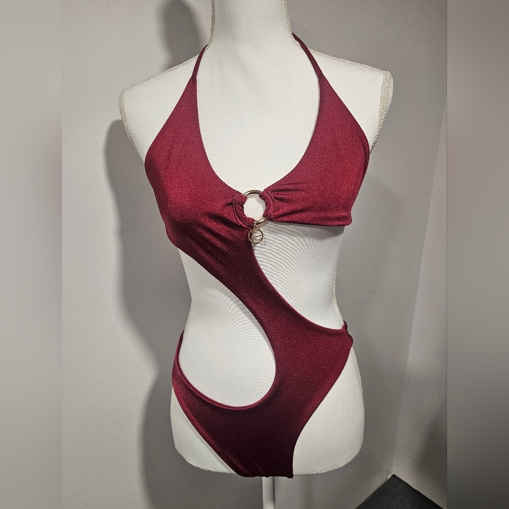 ALESSI SWIM Metallic Burgundy Cut-Out Monokini Gold Ring Detail Womens Size L